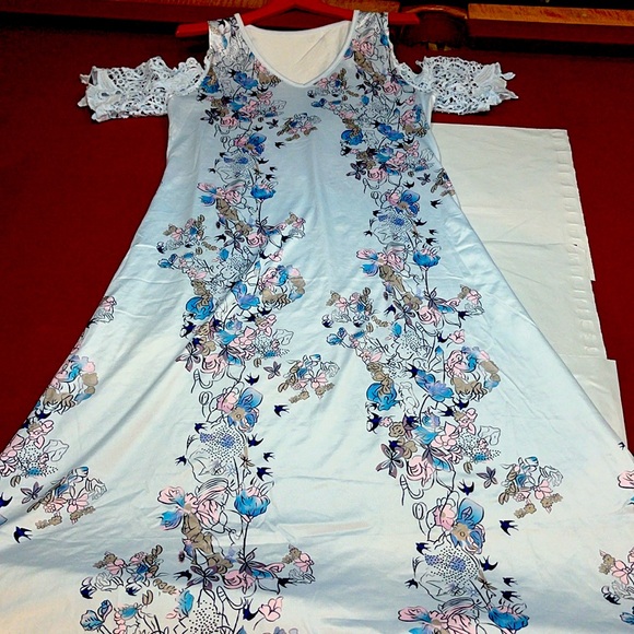 BLUE Japanese pink plants COLD open SHOULDER V neck coquette MAXI DRESS Asian M - Picture 1 of 16